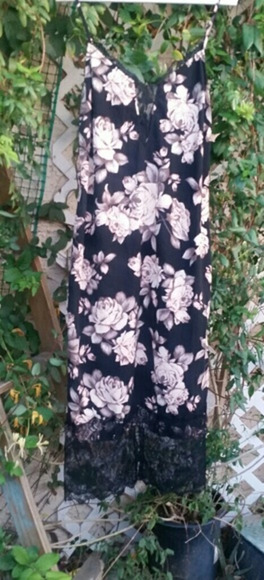 New Floral Rose Black Pink Lace Maxi Slip Dress - Picture 1 of 6